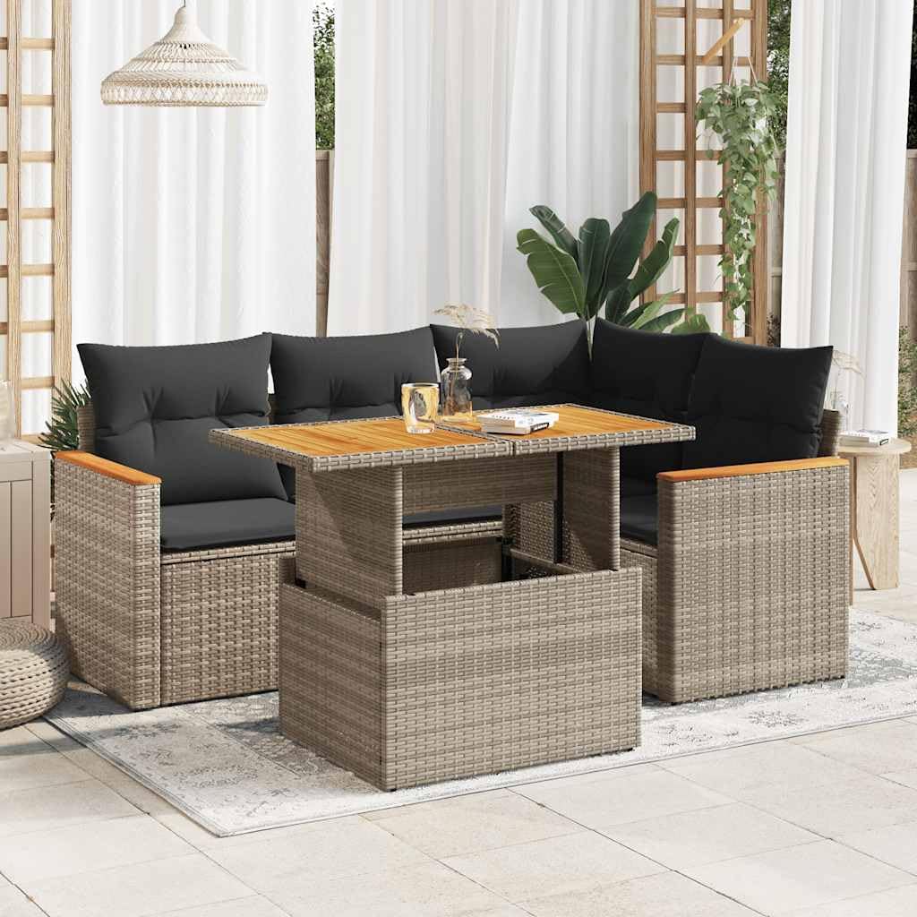 vidaXL Set de sofás de jardín de 5 piezas con cojines gris de poliratán y acacia, conjunto de sofás de exterior, set de sofás de jardín, set de salón, conjunto de sofás para terraza