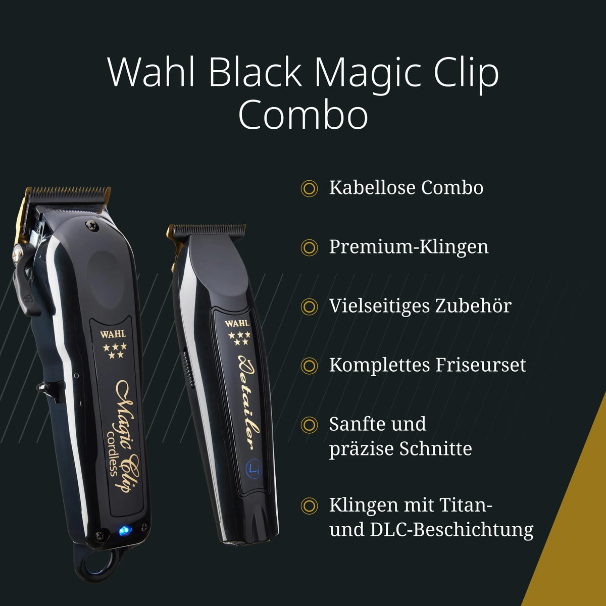 Combo de barbería inalámbrica Wahl, Magic Clip y Detailer Li, cuchillas de titanio y DLC, 100 min, 6 peines guía, peine de estilismo