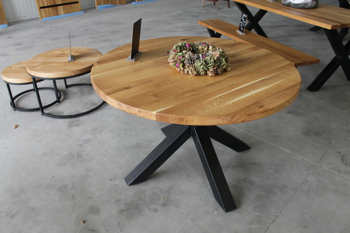 Serie UNA | Mesa de madera maciza redonda - Roble - incluye pata de mesa Matrix - varios tamaños y colores | Diámetro: 100 - 160 cm
