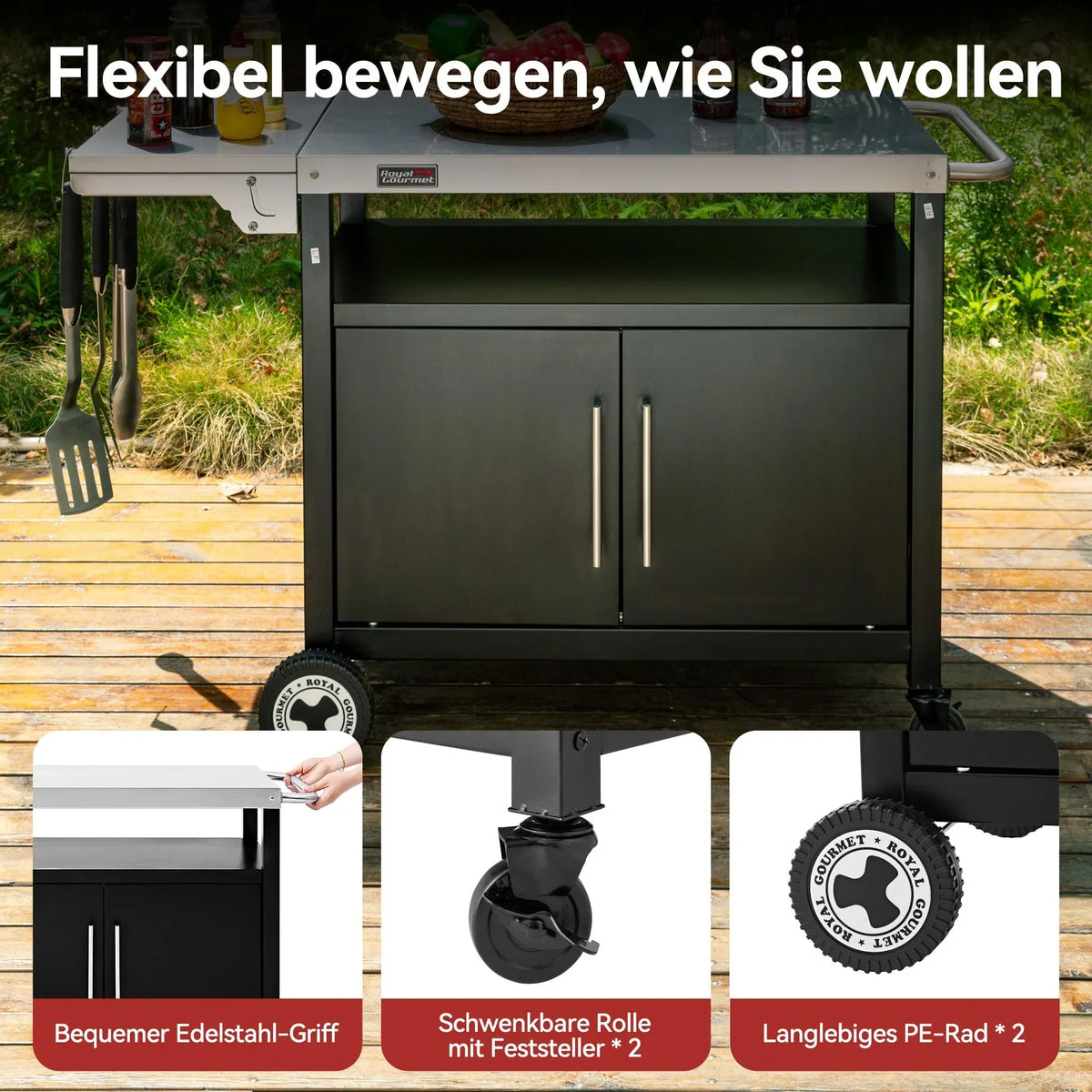Carrito para barbacoa con mesa lateral plegable, armario inferior, superficie de trabajo de acero inoxidable, soporte para toallas, ruedas, plateado