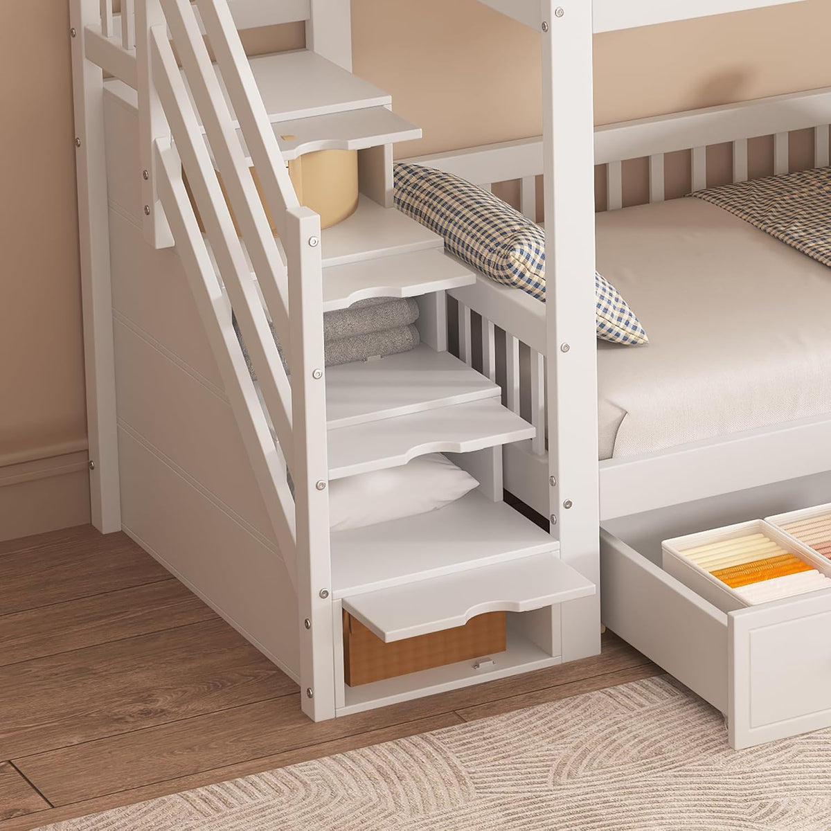 Cama alta Merax 90x200cm, litera infantil para 2 niños, cama casita con escalera, almacenaje y cajones, cama tipo casa del árbol con ventana y techo, protección anticaídas y somier, pino+MDF, sin colchón, blanca