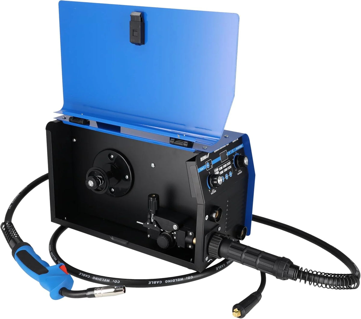 Dedra DESMI171M – spawarka inwertorowa IGBT 3 w 1, MIG/MAG 160 A, MMA/TIG 140 A, LCD, HOT START, ANTI STICK, ARC FORCE, stopień ochrony IP21S – komplet