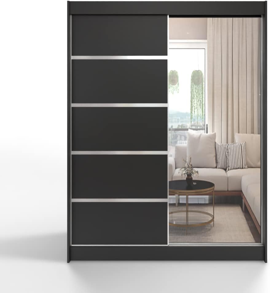 Armario corredero ML Furniture de 150 cm con espejo, armario para dormitorio, armario multiusos para salón - 150 x 200 x 58 cm; color: blanco, armario de puertas correderas