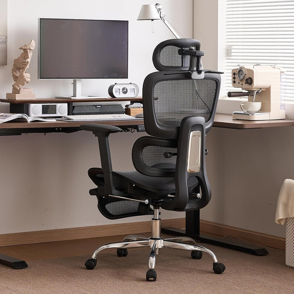 LarkLeaves Ergonomiczny Fotel Biurowy z Podnóżkiem Czarny L10 Lite