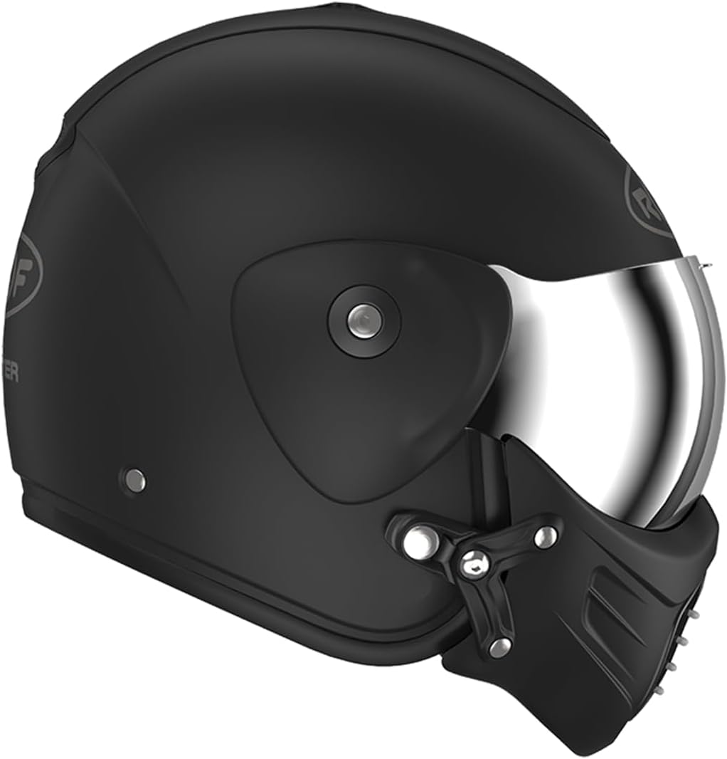 Casco de moto tipo jet de alta gama ROOF Roadster de fibra de vidrio con mentonera magnética extraíble, pantalla iridio incluida – Color Iron negro mate/plata – Oferta directa de fábrica – Garantía de 4 años