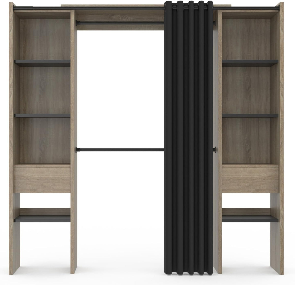 IDMarket - Vestidor extensible doble Meryl 120/180 x 50 x 180 cm haya con estantes color haya + doble barra para colgar + cortina negra