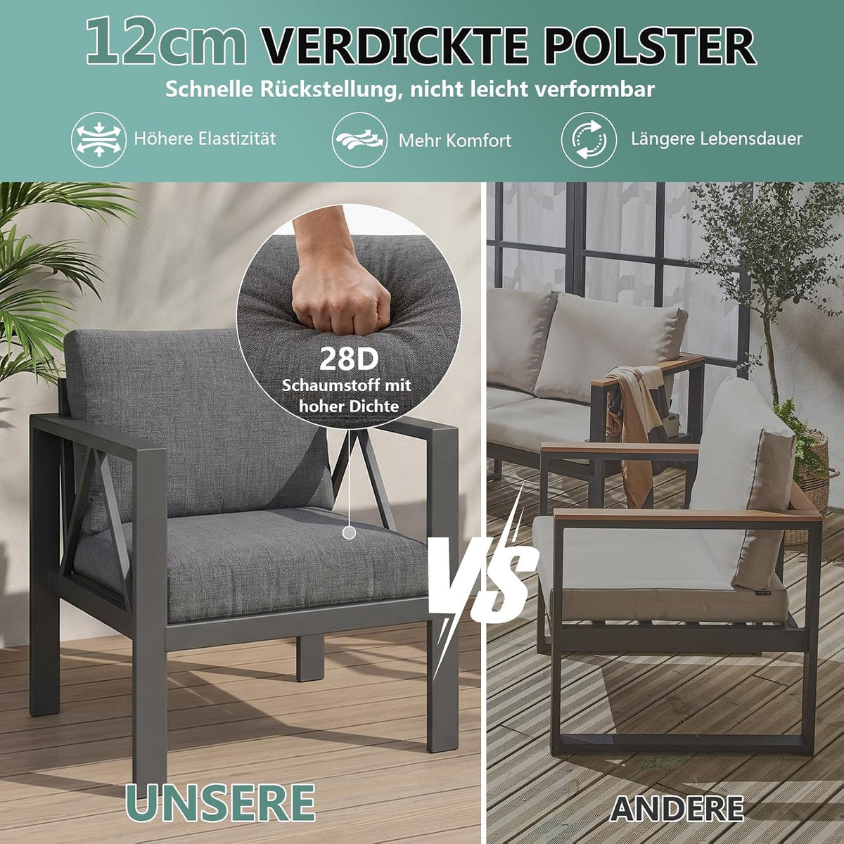 Conjunto de muebles de jardín de aluminio OMERAI de 5 piezas, incluye funda protectora impermeable para 7 personas, salón de jardín exterior con sofá, sillones y mesa, conjunto de jardín para jardín, terraza y balcón, gris oscuro