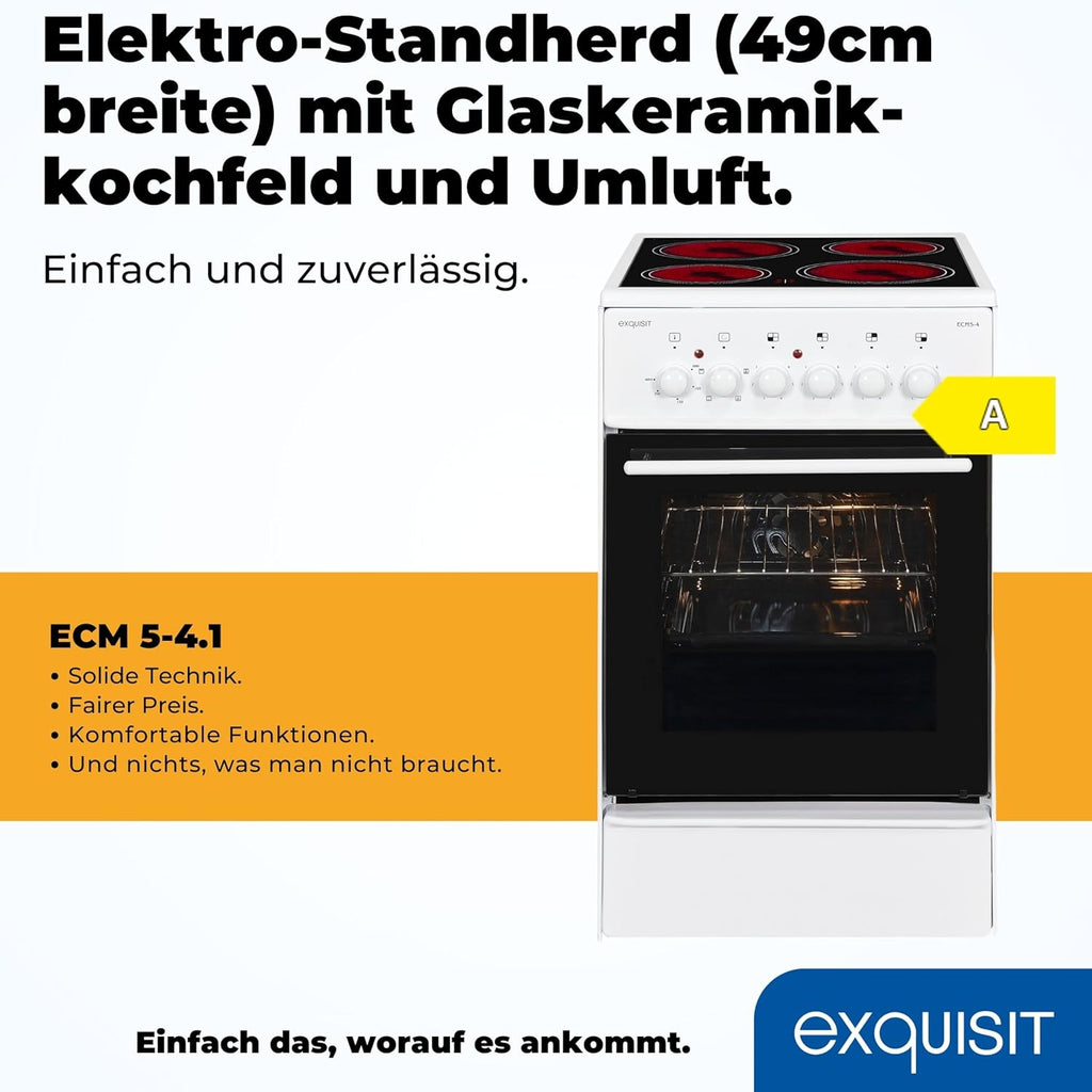 Cocina independiente Exquisit, cocina de 50 cm con placa vitrocerámica, calor superior/inferior, horno con ventilador y grill, cocina eléctrica independiente de 50 cm, color blanco, ECM 5-4-1