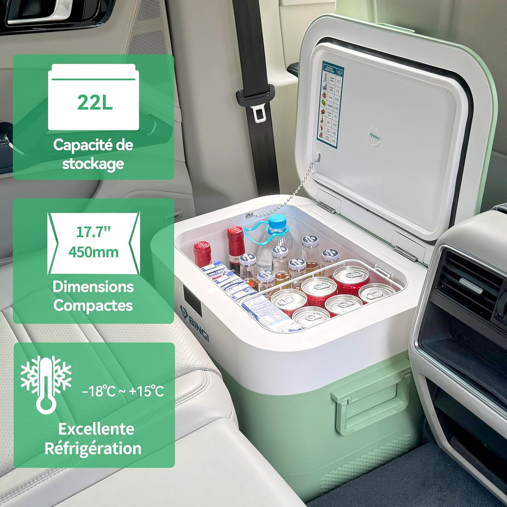 BINGI Nevera Eléctrica de Compresión para Coche de 22L con Enfriamiento Rápido - Refrigerador Portátil hasta -18°C, 12V/24V/220V, para Autocaravana, Furgoneta, Camión, Barco, Coche, Hogar, Camping