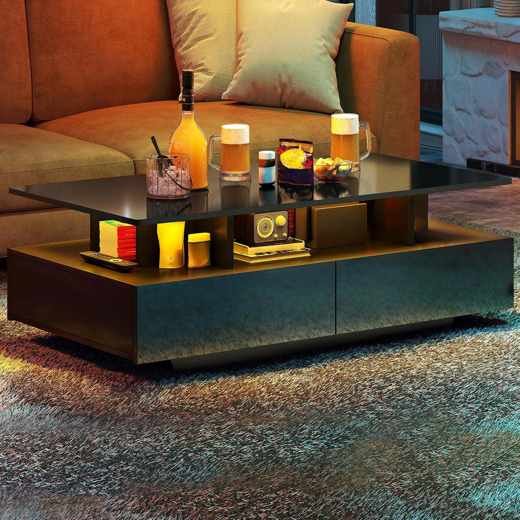 Mesa de centro YITAHOME negra, mesa de salón de alto brillo con iluminación LED de 16 colores moderna, mesa auxiliar negra con estante abierto y 4 cajones extraíbles 90x55x41,1 cm