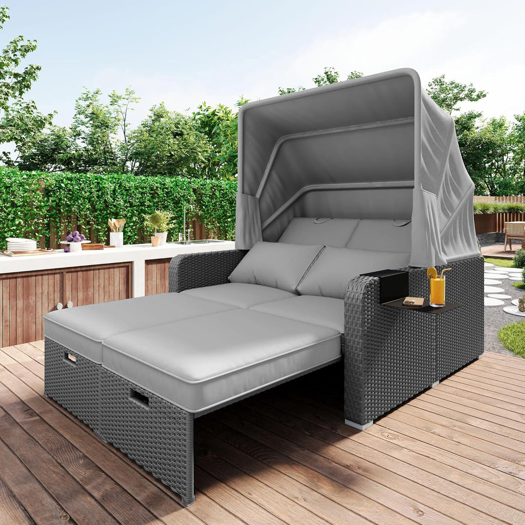 Sofá lounge de ratán sintético, sofá de jardín de dos plazas con función reclinable, tumbona de jardín con toldo extraíble, sofá lounge tipo cama de día con cojines, gris