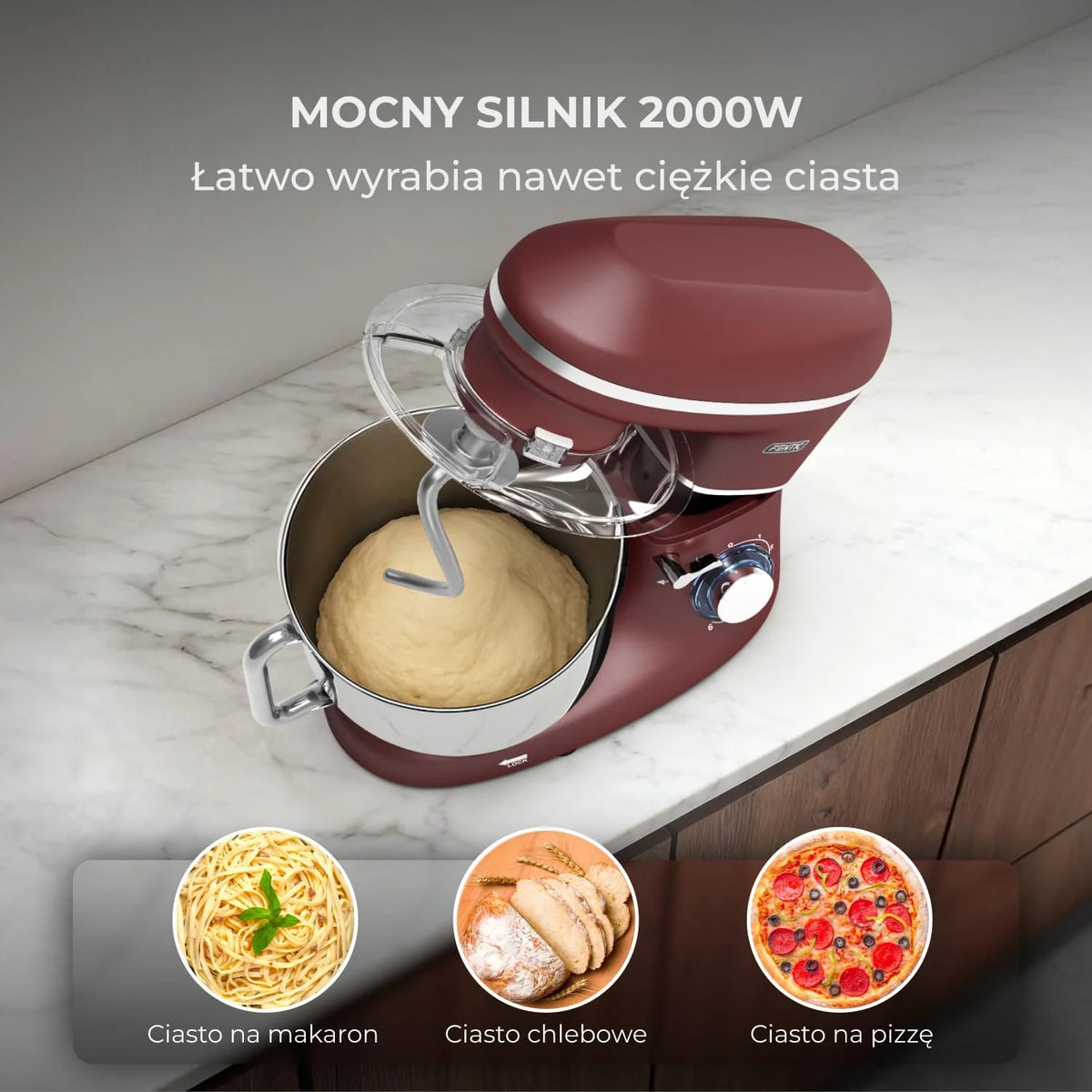 Robot kuchenny - 2000 W - miska do mieszania ze stali nierdzewnej (6,2 l) - mikser kuchenny z mieszania, hakiem do zagniatania, trzepaczką i ochroną przed pryskaniem - w zestawie