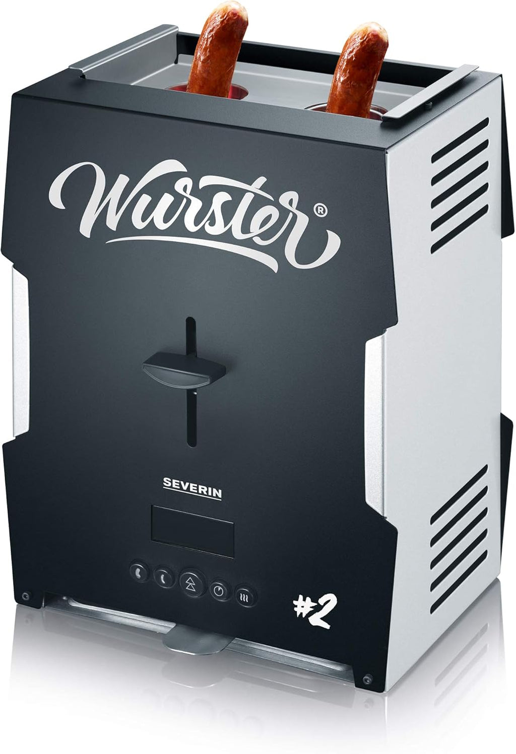 SEVERIN WURSTER, salchichas perfectamente doradas con solo pulsar un botón en solo 5 minutos, sin necesidad de añadir grasa, incluye pinzas de madera, negro, acero inoxidable/plástico, WT 5005