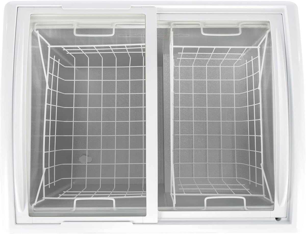 Congelador horizontal convertible Frigidaire, vitrina con tapa de cristal, 6.5 pies cúbicos, ruedas giratorias, temperatura ajustable