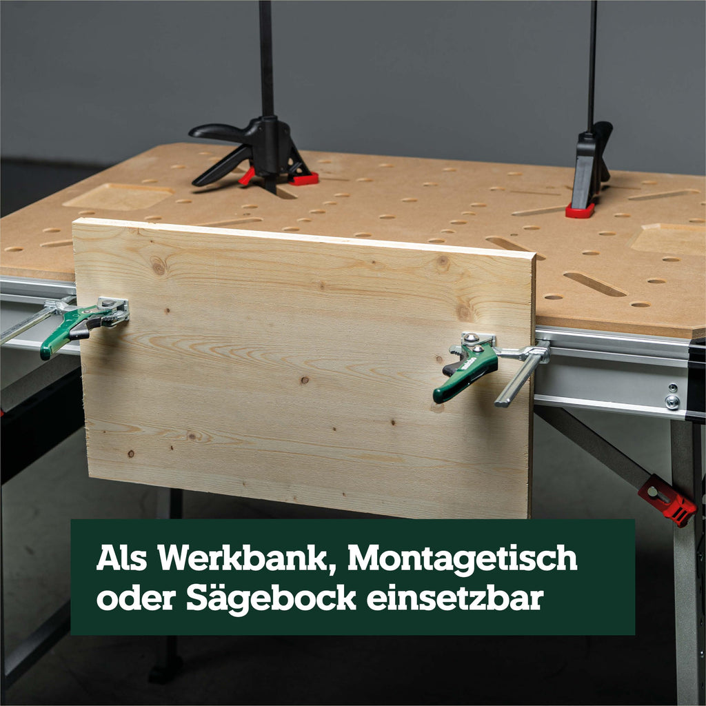 Mesa multifunción Metabo MWB 100, banco de trabajo plegable, caballete móvil, 120 kg, incl. 2 sargentos y 4 topes de banco