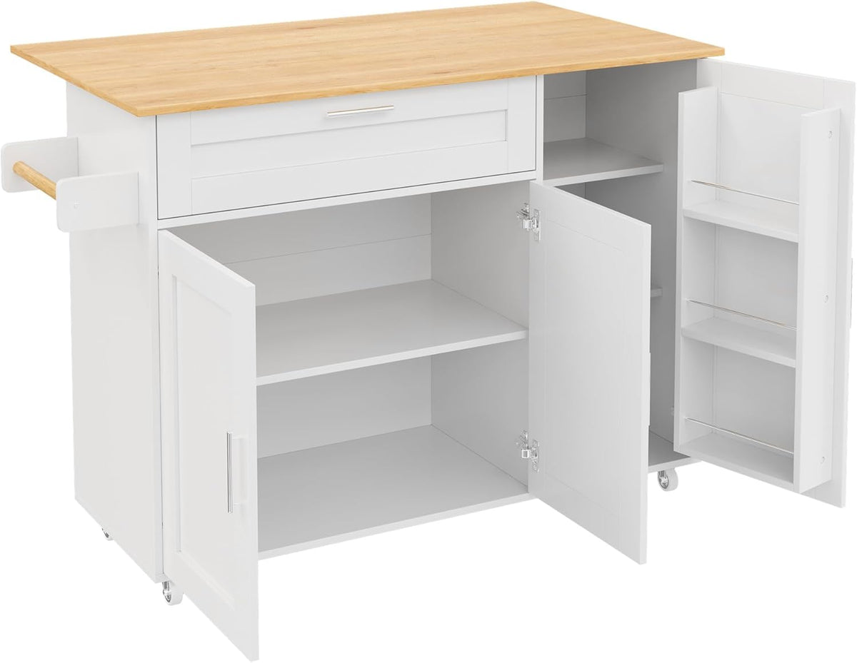 Mesa de cocina móvil, encimera plegable, veteado de roble, armario multifuncional, especiero, toallero, 5 ruedas, blanco, apto para cocina/comedor/hogar