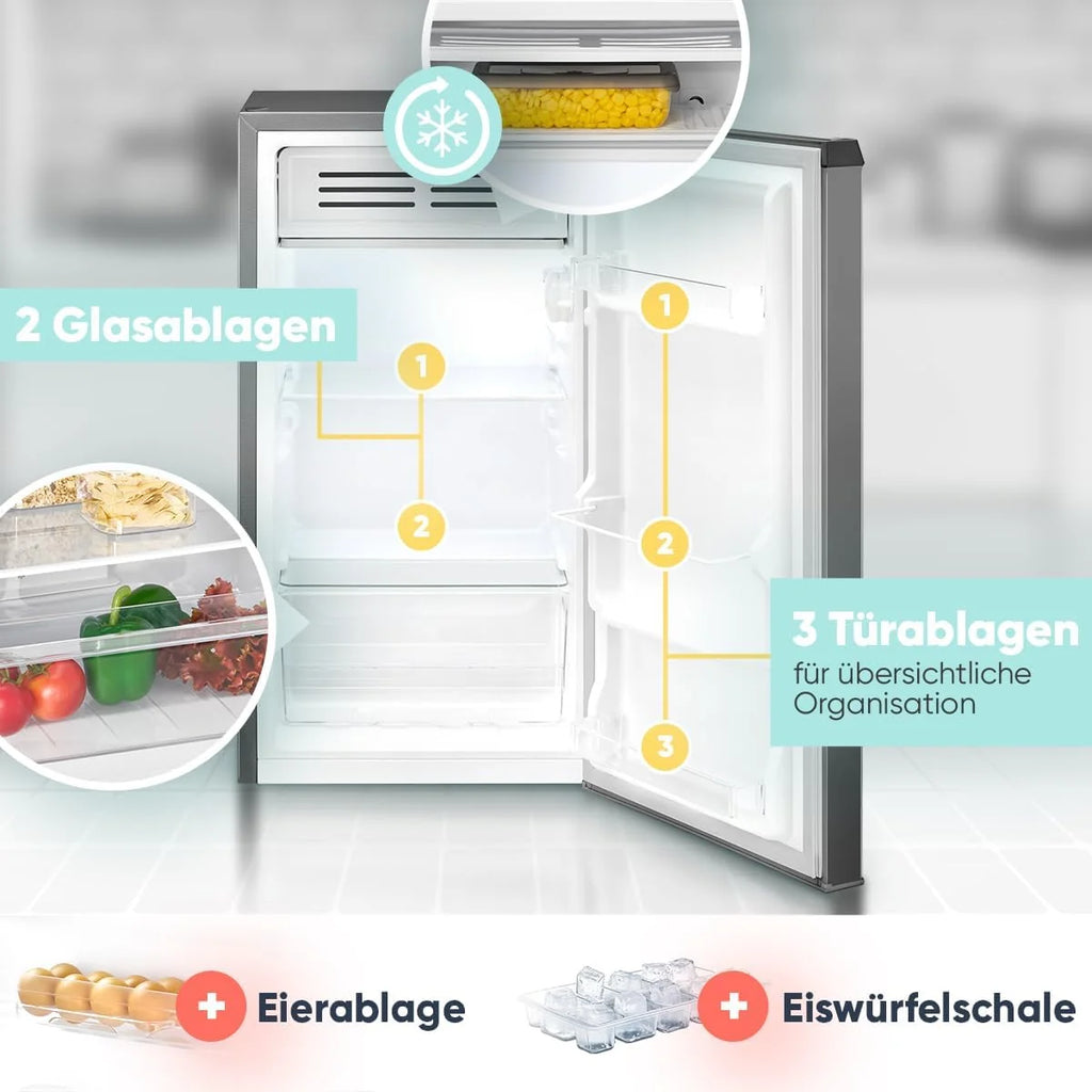 Lodówka Bomann® z zamrażalnikiem, 83 litry, Energooszczędna, cicha i kompaktowa, 0°C - 8°C, płynna regulacja temperatury, 2 półki i szuflada na warzywa, Oświetlenie LED