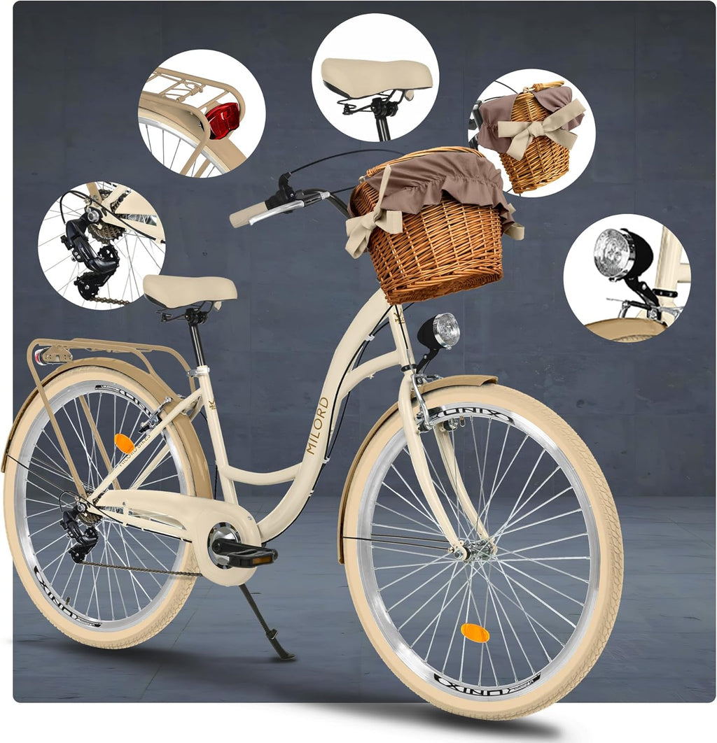 Bicicleta de paseo genérica Komfort, bicicleta urbana con cesta de mimbre, bicicleta para mujer, estilo holandés, 28 pulgadas, crema y marrón, 7 velocidades