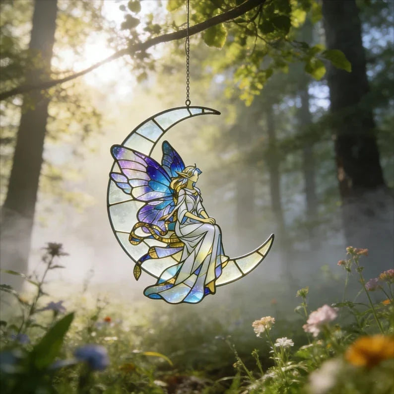 Atrapasueños de vidrieras de hada de la luna, decoración celestial para cuarto de niños