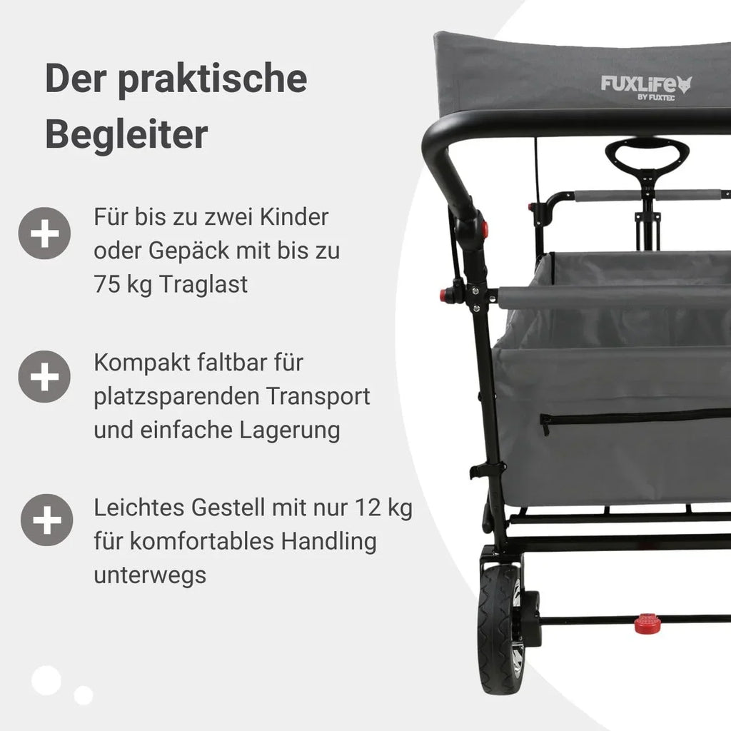 Carrito de mano plegable y compacto Fuxtec FX-CT700 gris, con frenos, asiento acolchado, mango ajustable en altura, para excursiones