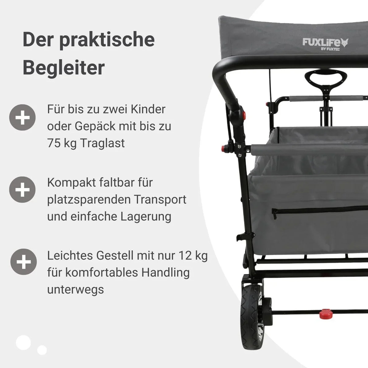 Carrito de mano plegable y compacto Fuxtec FX-CT700 gris, con frenos, asiento acolchado, mango ajustable en altura, para excursiones