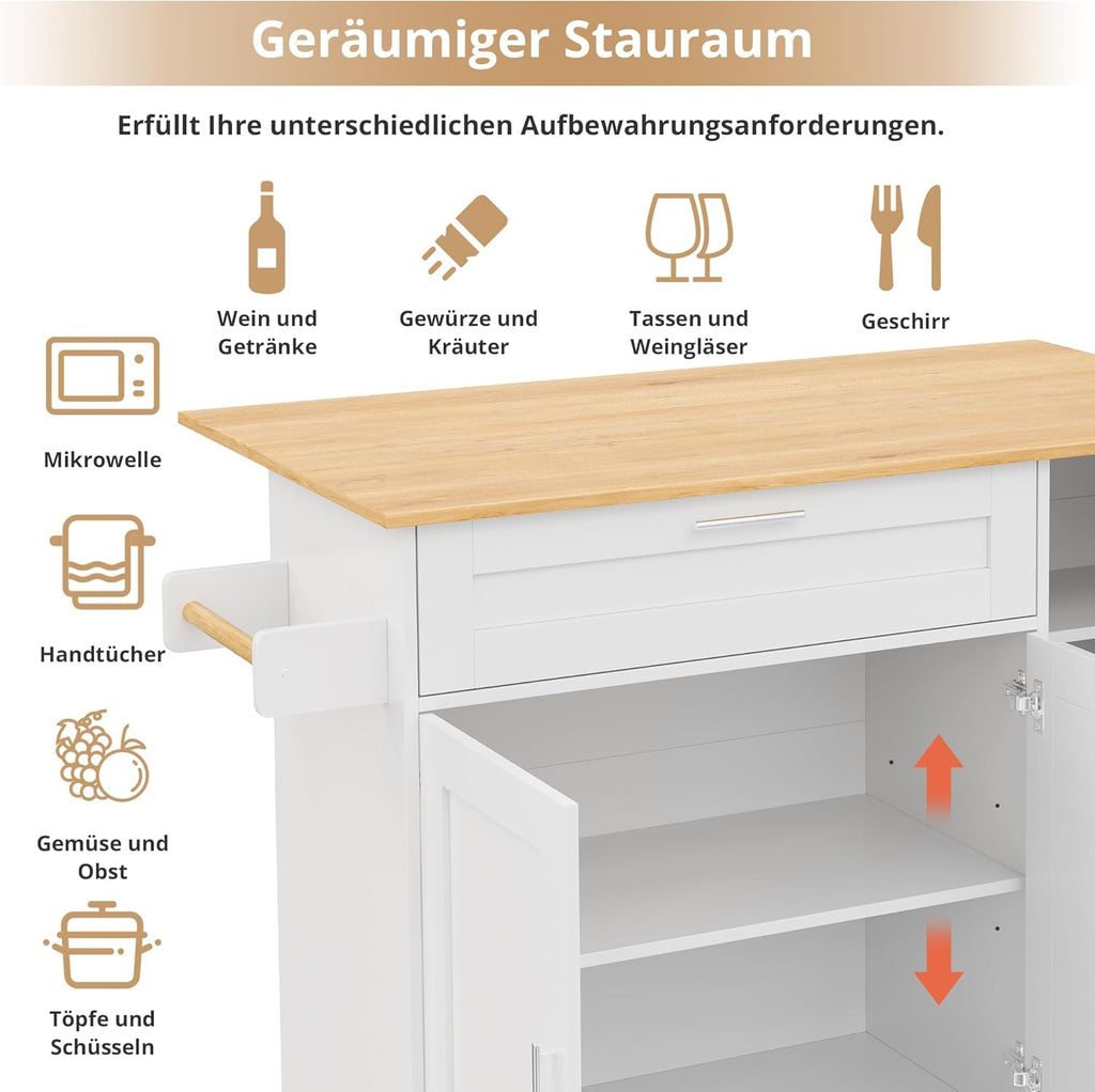 Mesa de cocina móvil, encimera plegable, veteado de roble, armario multifuncional, especiero, toallero, 5 ruedas, blanco, apto para cocina/comedor/hogar