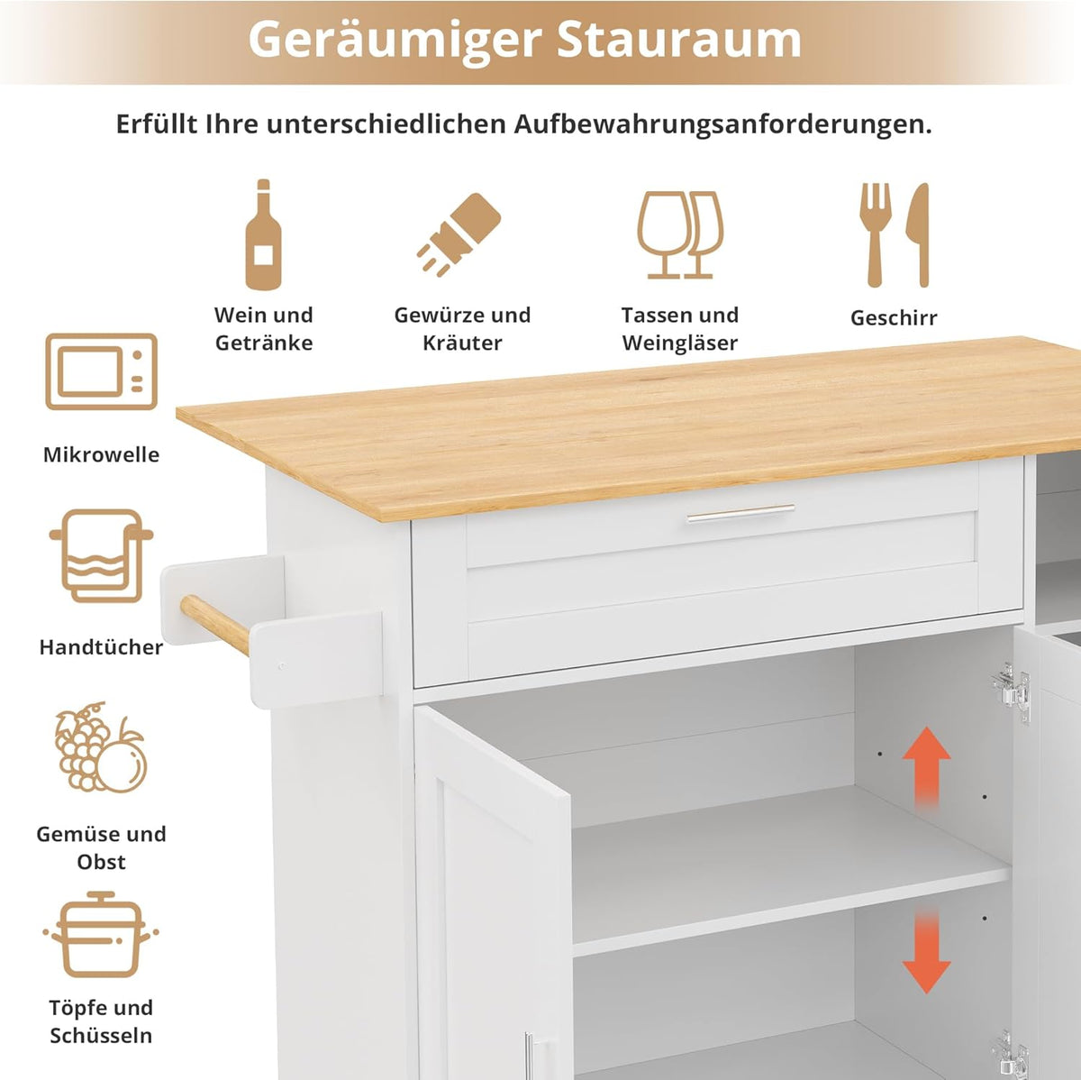 Mesa de cocina móvil, encimera plegable, veteado de roble, armario multifuncional, especiero, toallero, 5 ruedas, blanco, apto para cocina/comedor/hogar