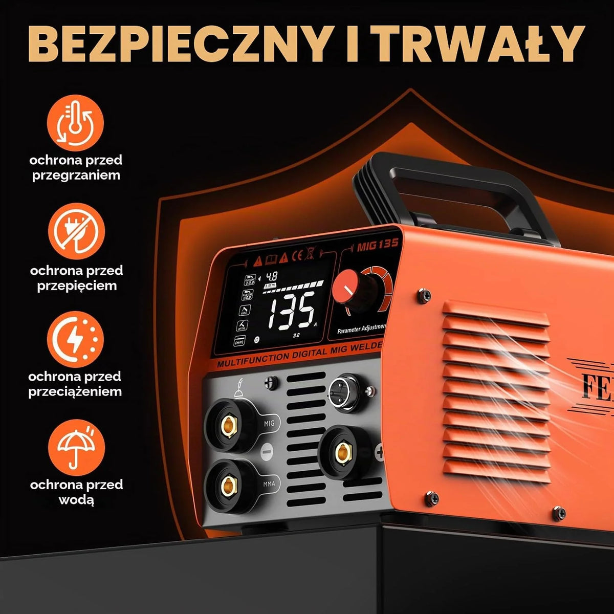 FEIFANKE MIG135 Spawarka bezgazowa 135A 220V Elektrody Synergia Spawarka 3 w 1 MIG/ARC/Lift TIG IGBT inwerter spawalnicza z drutem 1,0 mm, pistolet spawalniczy MIG