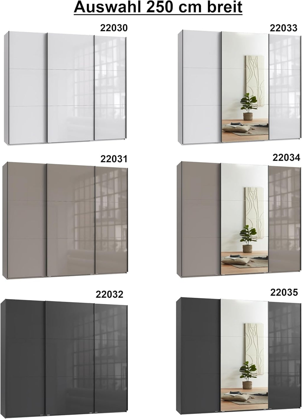 Armario de puertas correderas de 3 puertas, 250 cm ancho/216 cm alto/65 cm fondo, blanco con frente de cristal, espejo y perfiles de agarre negros, incl. cierre suave, armario con estantes, barras para ropa, cajones y compartimentos / 22033