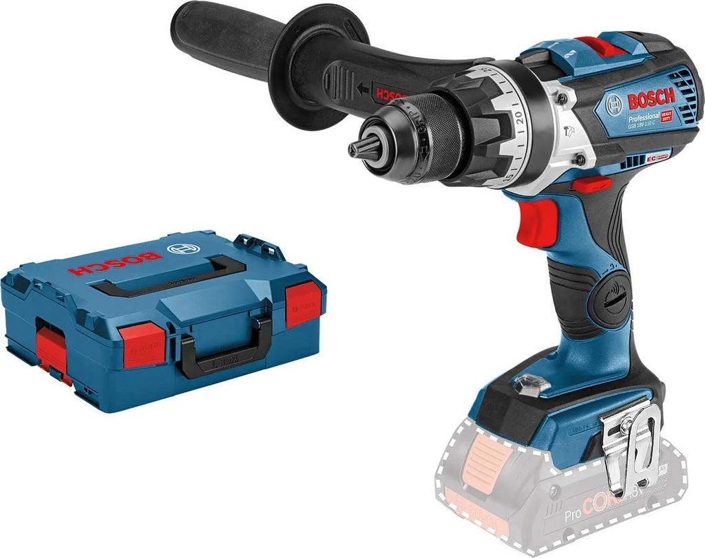 Bosch Professional system 18V: akumulatorowa wiertarko-wkrętarka udarowa GSB 18V-110 C (maks. moment obrotowy 110 Nm, walizka L-BOXX)