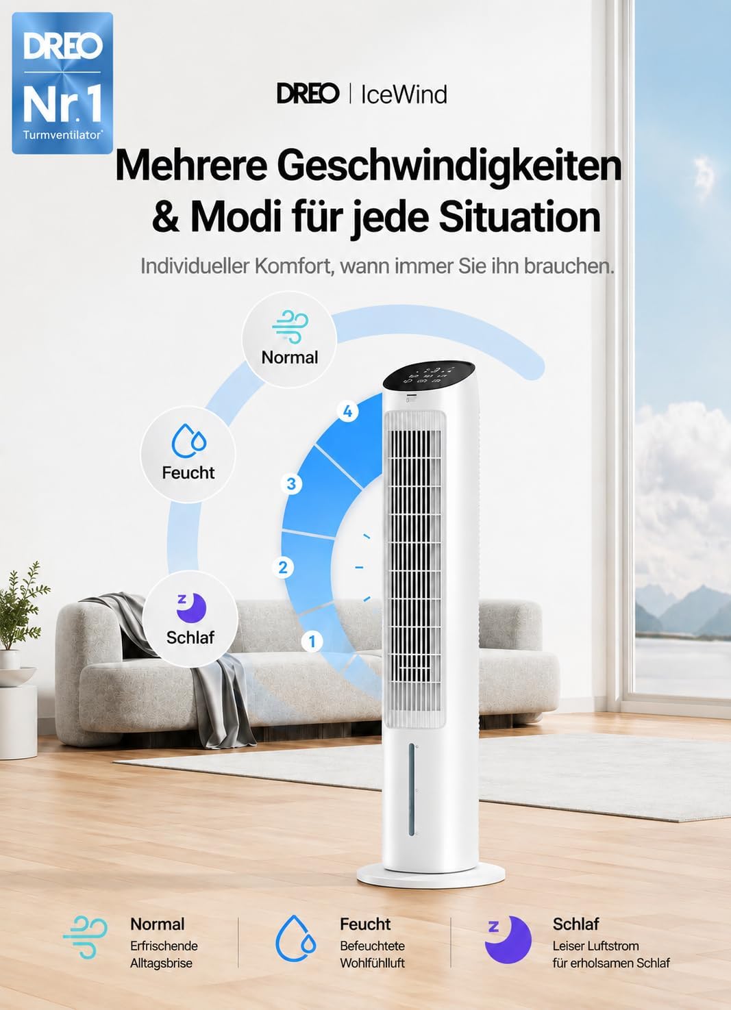 Ventilador de torre DREO con refrigeración silenciosa, ventilador con refrigeración por agua, enfriador de aire de 102 cm, enfriador evaporativo con función de oscilación de 80°, 3 modos, 4 velocidades, control remoto, blanco