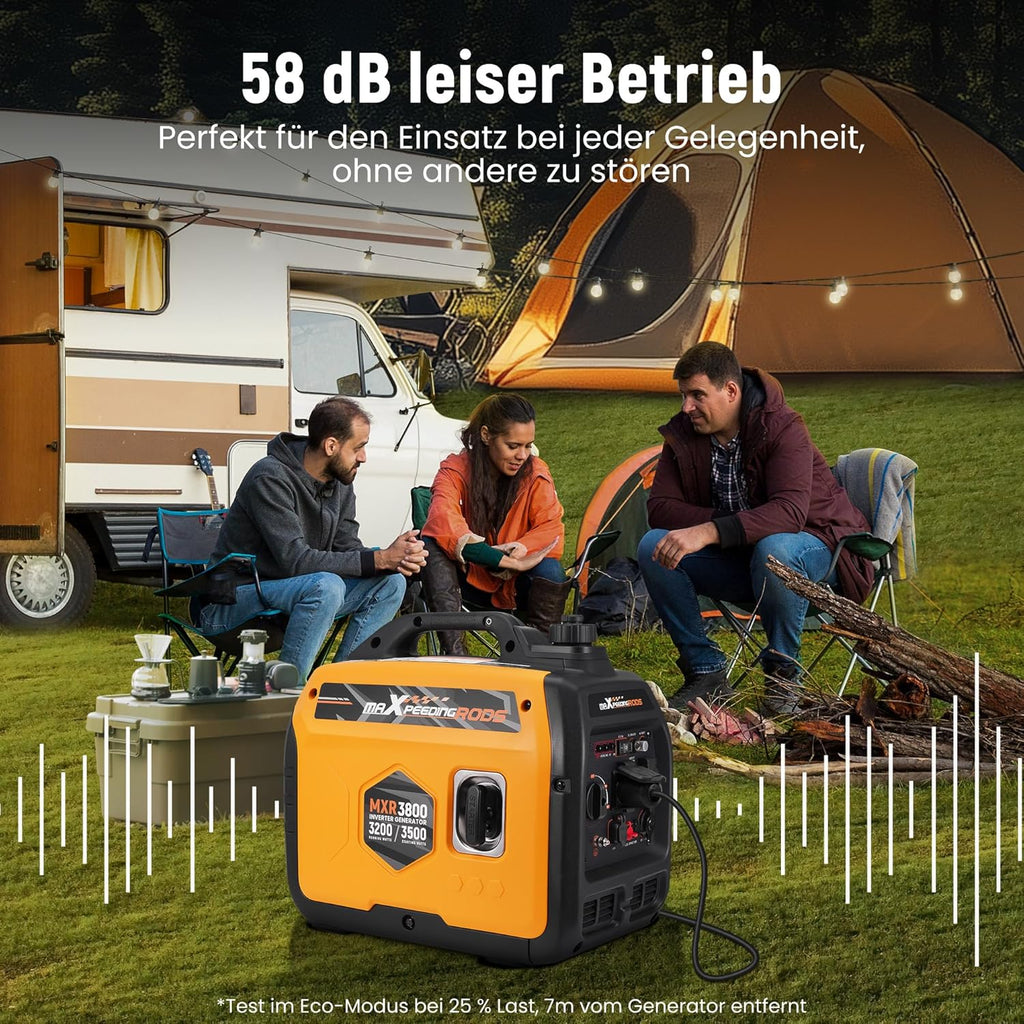 Generador inverter maXpeedingrods 3500W, super silencioso, ligero y portátil, generador de gasolina de emergencia, modo ECO con 2 enchufes de 230V / 2 USB / 1 de 12V CC para autocaravanas, camping, festivales y viajes