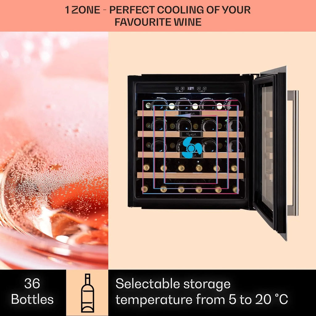 Klarstein Chłodziarka do wina do zabudowy, Mała wąska lodówka na napoje, 1 strefa, chłodziarka ze szklanymi drzwiami, Beersafe Indoor/Outdoor, Mała lodówka z ochroną UV, 5-20°C, 36 butelek