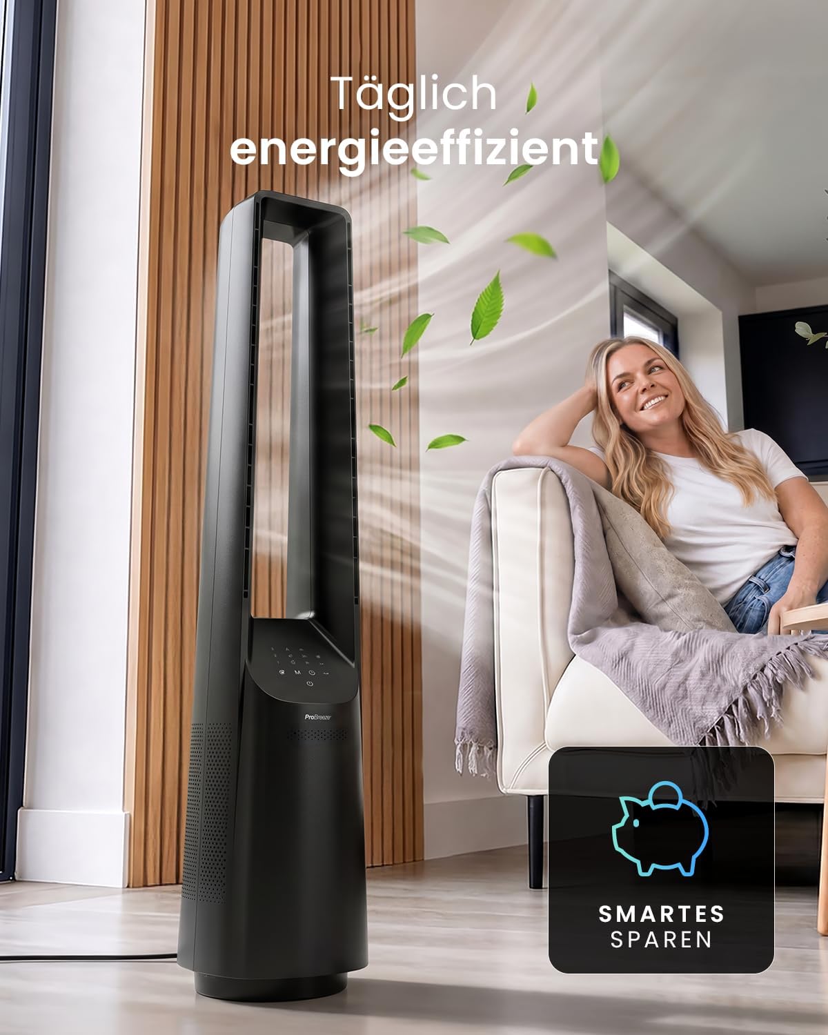 Ventilador sin aspas Pro Breeze de 101 cm - Ventilador para casa inteligente con Wi-Fi, control remoto, pantalla LED, 6 velocidades - Ventilador de torre muy silencioso, 5 modos de funcionamiento, oscilación automática de 60°, temporizador de 7 h