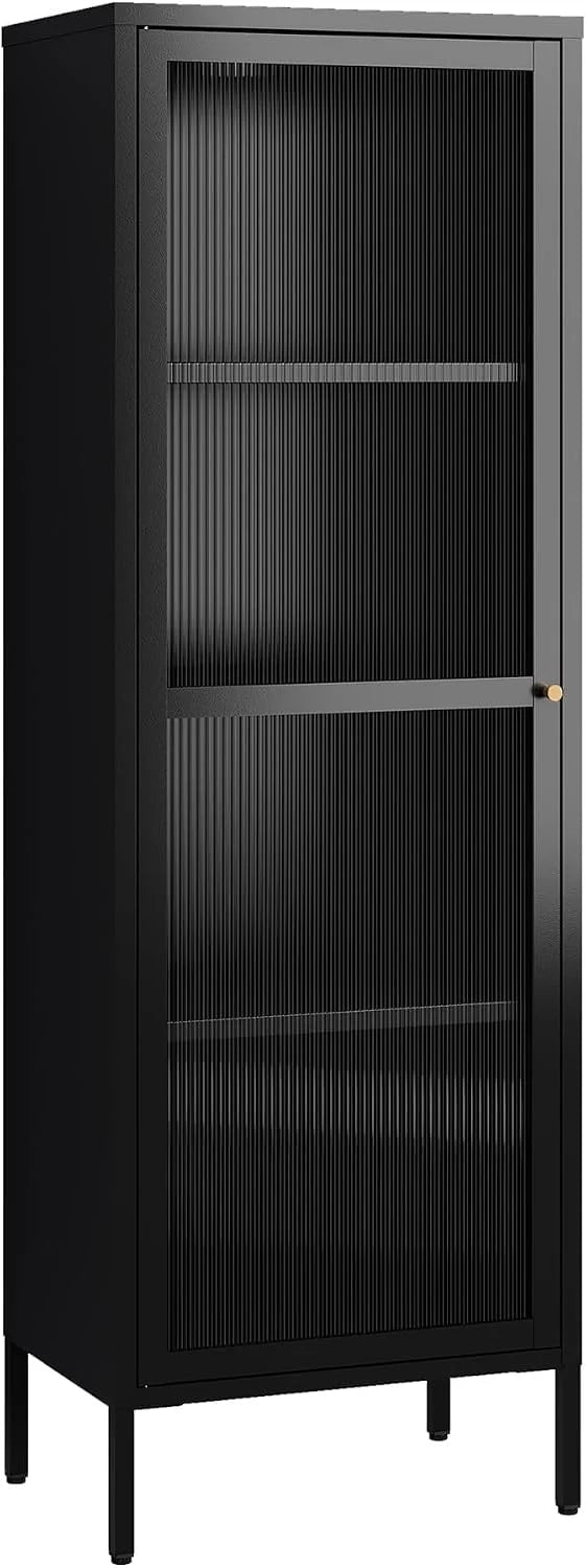 [en.casa] Szafa z witryną Säkylä regał na książki z 4 półkami, 150 x 50 x 35 cm, szafka kuchenna z 1 drzwiami, uniwersalna szafka, witryna, metalowa, czarna