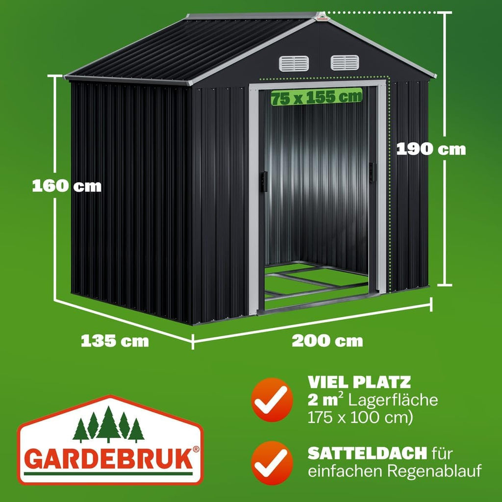 Caseta de jardín de metal GARDEBRUK® XL 2 m² con base 196x132x188 cm, puerta corredera, antracita, cobertizo de herramientas, caseta de jardín, armario 4 m³