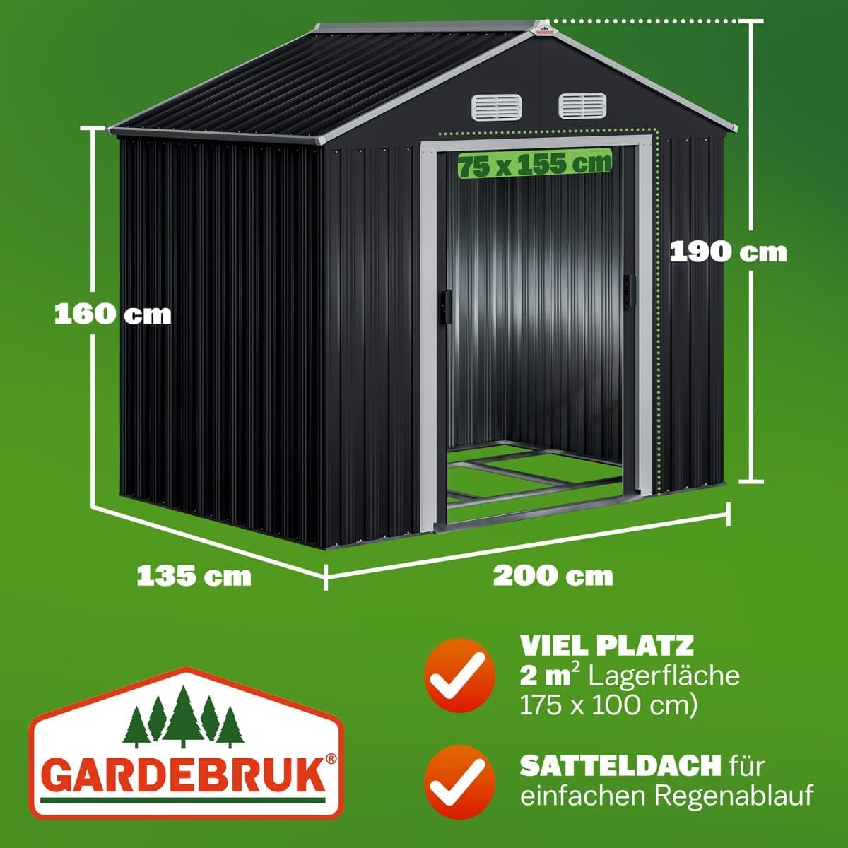 Caseta de jardín de metal GARDEBRUK® XL 2 m² con base 196x132x188 cm, puerta corredera, antracita, cobertizo de herramientas, caseta de jardín, armario 4 m³