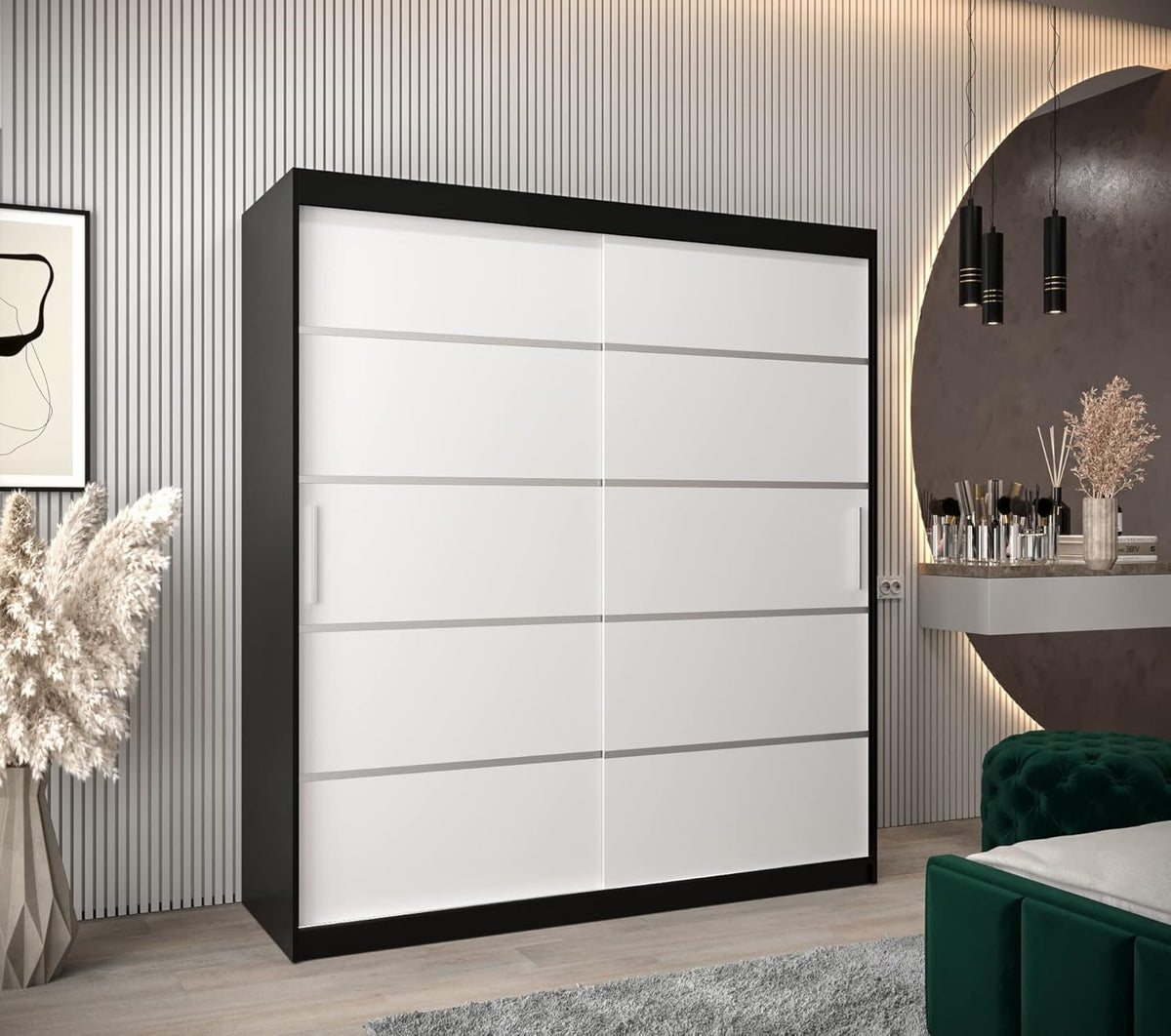 MEBLE KRYSPOL Armario con puertas correderas Verona 1 de 180 cm, armario con barra para colgar ropa y estante, armario para dormitorio o sala de estar, puertas correderas, diseño moderno (cajones: 0, negro + blanco)