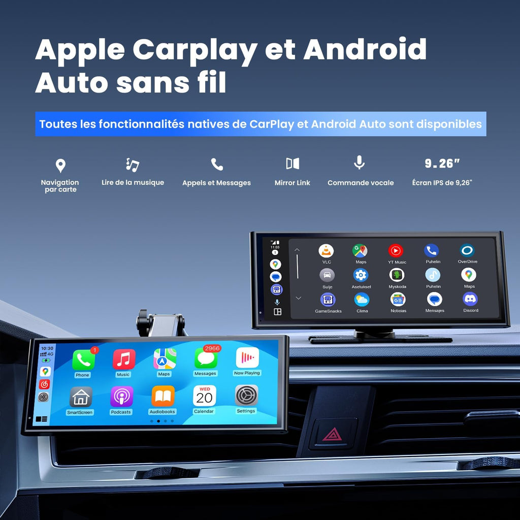 Pantalla portátil inalámbrica Krunia de 9,26" para Apple CarPlay y Android Auto, actualizaciones OTA, cámara de visión trasera, Mirror Link, Bluetooth 5.0, control por voz, navegación GPS, FM