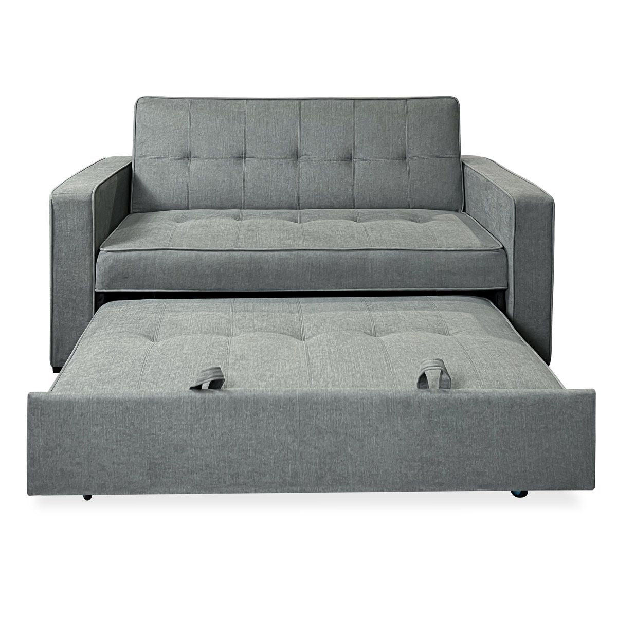 Sofá cama de 2 plazas modelo Vienna con reposabrazos, gris, diseño moderno, práctico y funcional