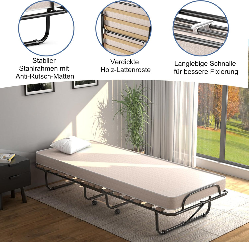Cama plegable GOPLUS 80x190 cm, cama supletoria con colchón, estructura de acero, cama individual para adultos para dormitorio y oficina (beige)