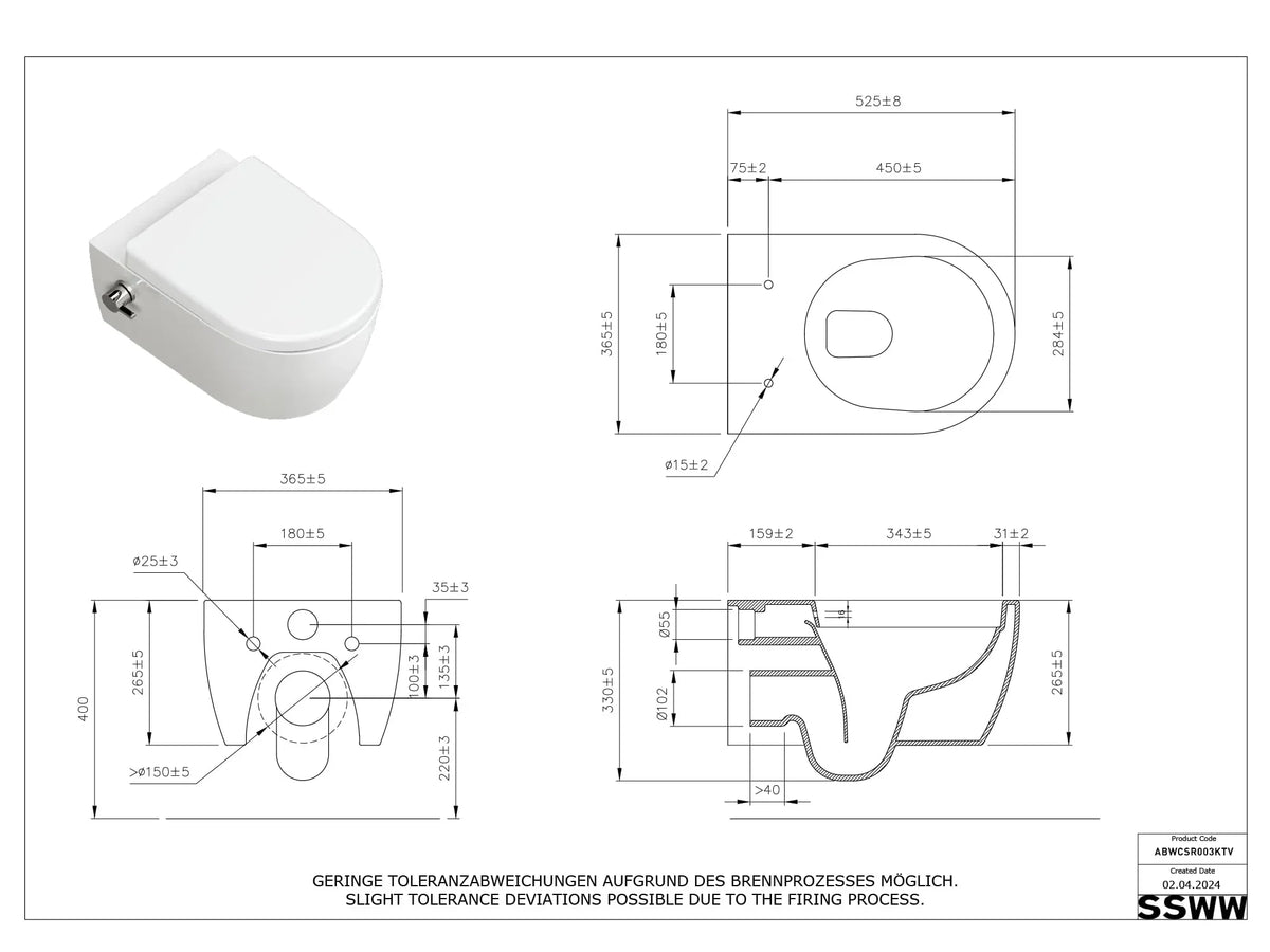 Inodoro con bidet suspendido SSWW sin reborde, 52 cm, boquilla de acero inoxidable, asiento de duroplast con cierre suave, revestimiento nano, agua fría y caliente