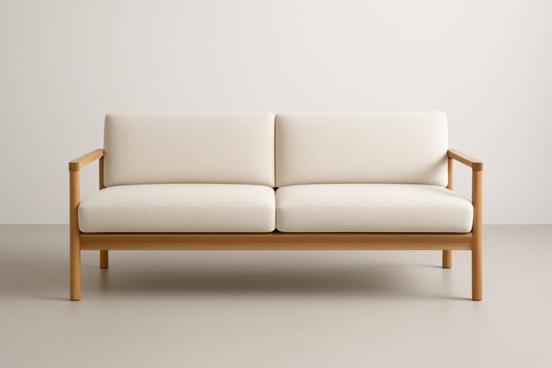 Sofá de dos plazas beige de madera y tela