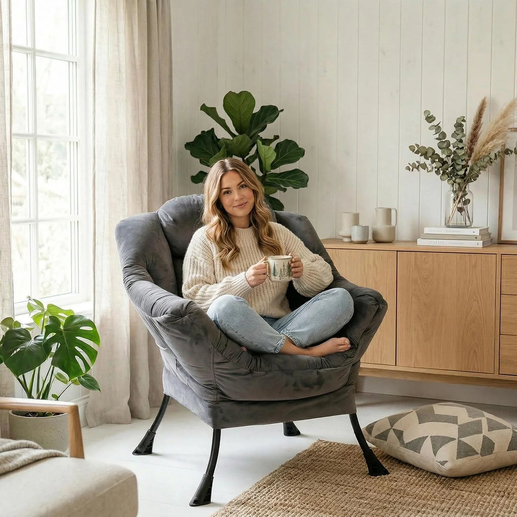 HollyHOME Fotel Akcent Krzesło Leniwe Fotel Wypoczynkowy z Podłokietnikami Nowoczesny Aksamitny Materiał Wypoczynkowy Sofa Krzesło ze Stalową Ramą, Ciemno Szary