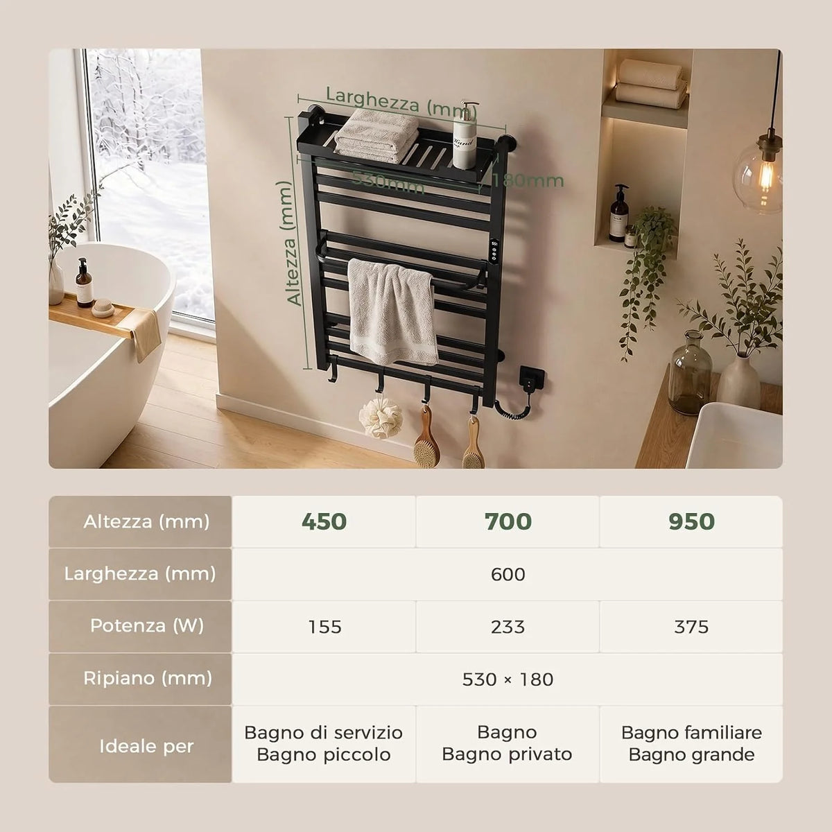 Grzejnik łazienkowy elektryczny z półką 700 × 600 mm233 W Czarny