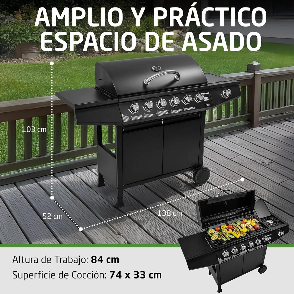 Barbacoa de gas Fireplus 6+1 de 12,9 kW - Acero inoxidable negro - Parrilla con ruedas Modelo GRILL-6F - Barbacoa XXL con carro y termómetro - 138x52x103 cm - 7 quemadores y bandeja lateral