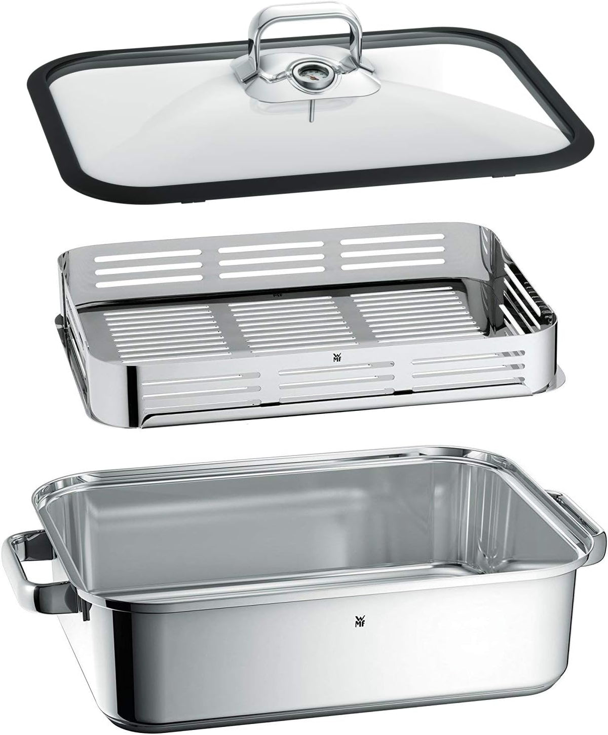 WMF Vitalis Aroma Vaporera, rustidera de inducción, 41x27x10 cm, fuente para horno de 6,5 l, pinzas de servir, tapa de cristal con borde de silicona, termómetro, rejilla de cocción, olla de cocción lenta de acero inoxidable Cromargan sin revestimiento