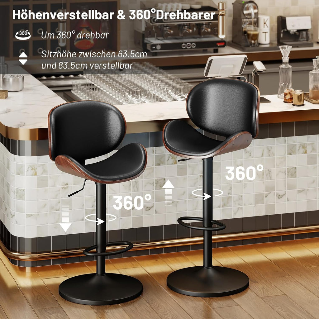 Set de 2 taburetes de bar, silla de bar ajustable en altura de piel sintética y madera maciza, silla giratoria 360° con respaldo y reposapiés para cocina, sala de estar, comedor, bar, negro