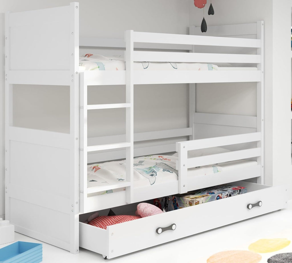 Interbeds Litera 200x90 cm Cama alta con cajón Cama litera Cama de madera de pino Cama infantil Cama juvenil con somier y protección anticaídas (blanco, 200x90)