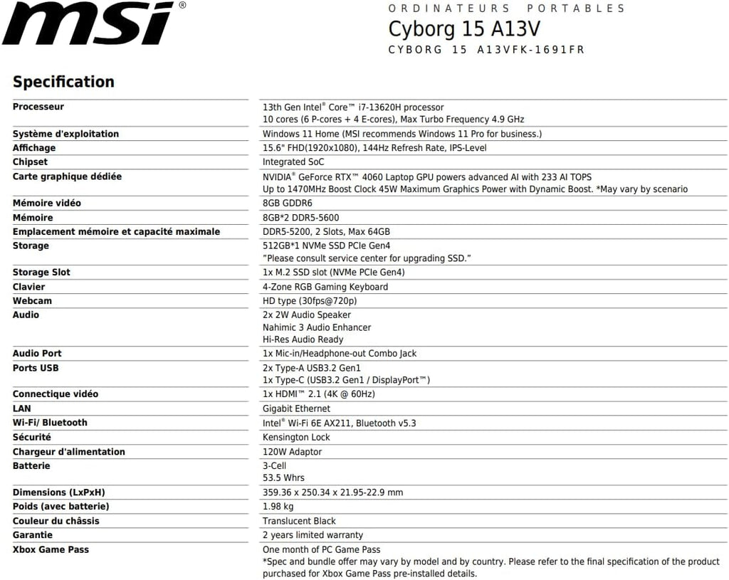 MSI Cyborg 15 A13VFK-1691FR: Intel Core i7 13620H - 16GB DDR5 - SSD 512GB - Nvidia RTX4060 8GB - 15,6" Full HD 144Hz - Windows 11 Home